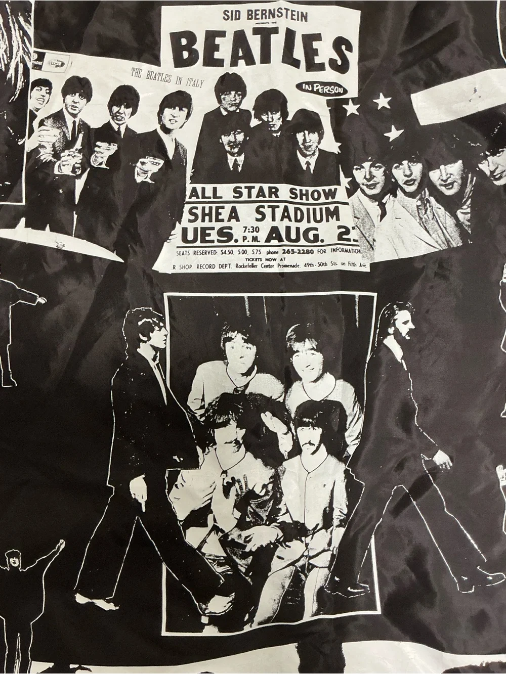 Vintage The Beatles Black Fabric wall Hanging Tapestry Banner Shea Stadium Graph